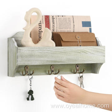 Wood Mail Holder with Double Metal Key Hooks